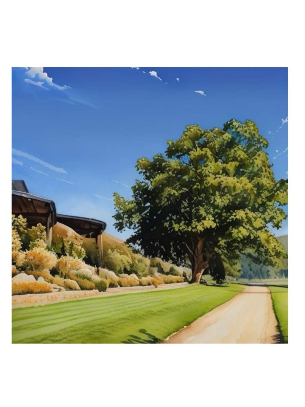 Landscape Watercolour inspired Large Tree with Green Lawn. 7.5in paper print